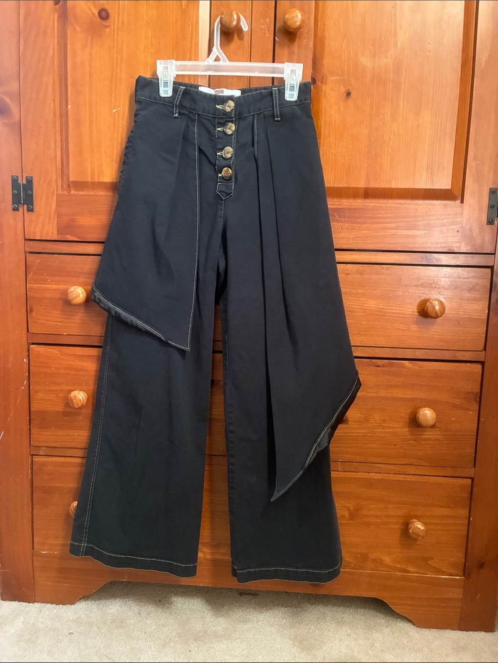 Victoria / Tomas High-Rise Black Wide-Leg Flare JeansAsymmetric Draped Panels